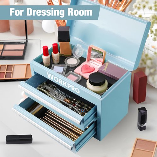 WORKPRO Mini Metal Tool Box with 2 Drawers and Top Storage, Small Tool Chest with PVC Liners and PP Feet Pads, Cold Rolled Steel Toolbox with Magnetic Tab
