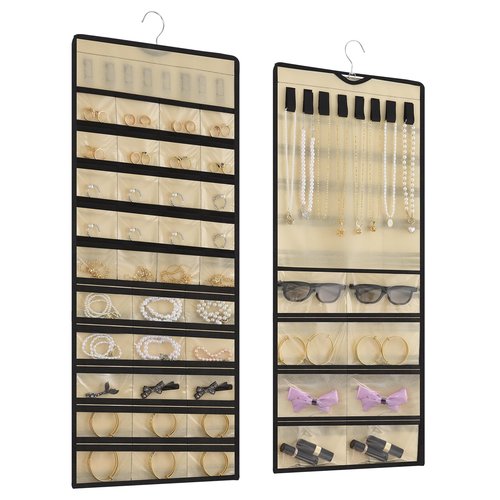 Pahiuii Hanging Jewelry Organizer– Double-Sided Jewelry Holder for Earrings, Necklaces, Rings – Closet Hanging Organizer & Travel Jewelry Organizers for Women, Wall or Door Use, Day Gifts (Beige)