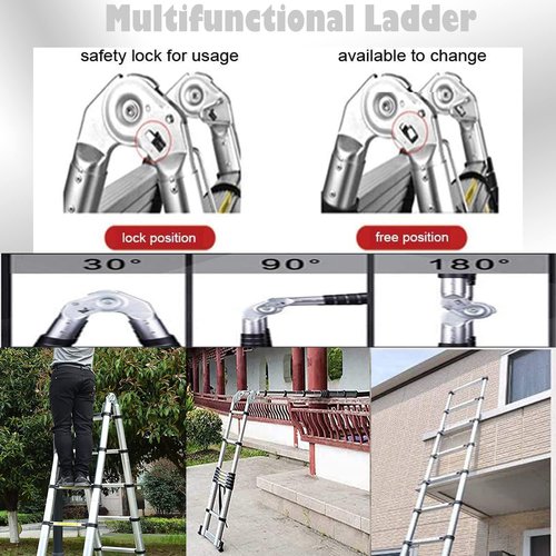 Telescopic Ladder A Frame Aluminum 12.5ft, Telescoping Ladder for Home, Portable Folding Ladder Lightweight 330lb Load Capacity with Stabilizer Bar Anti-Slip