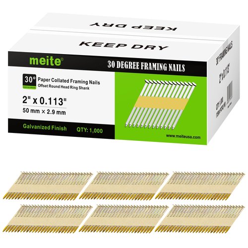 meite 30 Degree Framing Nails 2-Inch x .113 Inch, Ring Shank, Galvanized Coated, Paper Tape Collated, Offset Round Head Framing Nails for 30-34 Degree Framing Nailers (1,000 Counts)