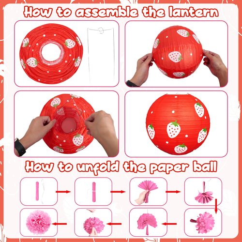 15Pcs Strawberry Paper Lanterns Decor Hanging Decorations for Berry first Birthday Party Supplies