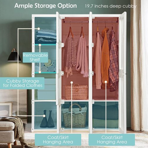 Tangkula Portable Closet Wardrobe, Foldable Clothes Organizer with Cubby Storage, Hanging Rods, Easy Assemble Clothing Storage with Magnet Doors, Folding Bedroom Armoire (8 Cubbies & 2 Rods)