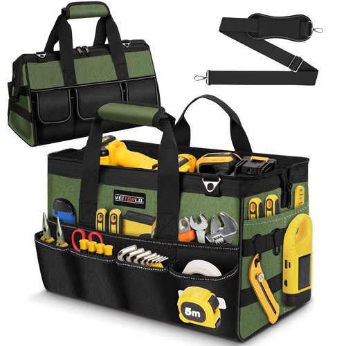 Heavy Duty Tool Bag 15-Inch - 21 Pockets Tool Organizer, Portable Electrician Toolbox W/Soft Handle & Zipper for Mechanic Plumber Carpenter, Gifts for Men Dad Husband Him, Wide Mouth Tool Storage Bag