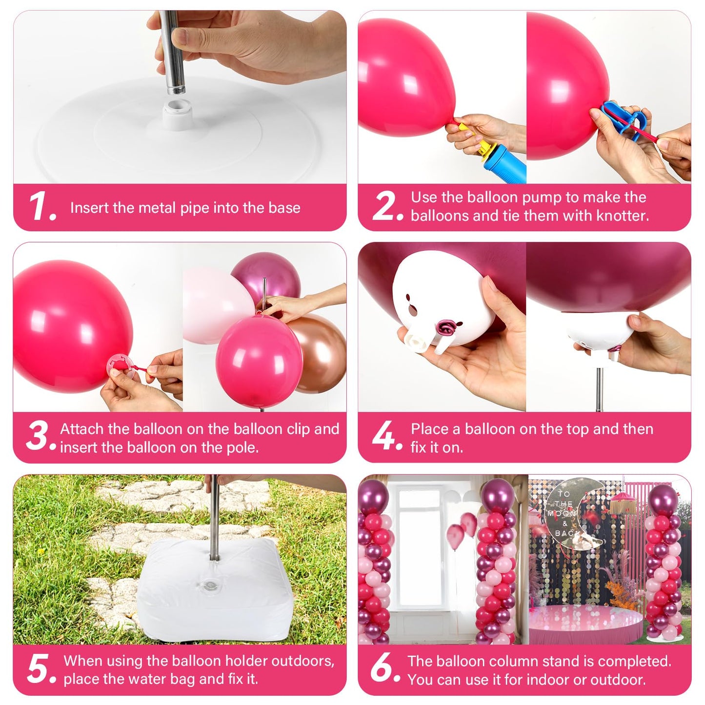 2 Sets Pink Balloon Column Stand Kit with 100 Balloons - Christmas & New Year Birthday Wedding Party Decor