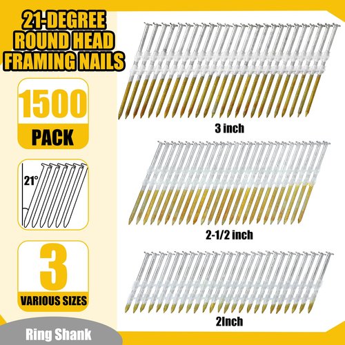 Therwen 1500 Count 21 Degree Framing Nails Ring Shank Nails for Use in All Pressure Treated Lumber, Flat D Head, Galvanized, Plastic Row Fixed (2,2-1/2,3 Inch)