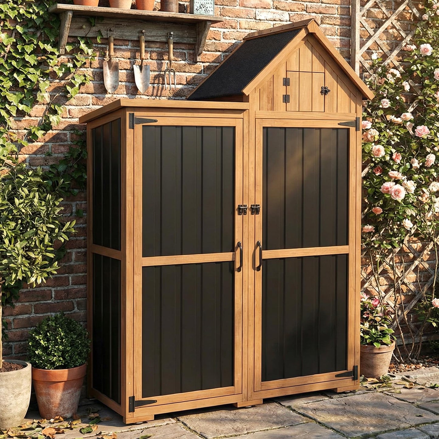 Outdoor Storage Cabinet Weatherproof with 3 Adjustable Shelves, 66'' H Wood & Metal Storage Shed with Lockable Doors & Waterproof Roof, Outside Garden Tool Sheds, Brown