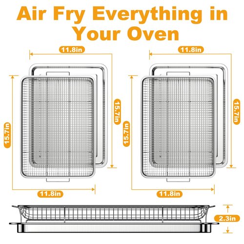 2-Pair Set Air Fryer Basket for Oven 15.7"x11.8", Large Air Fryer Basket and Tray Stainless Steel Oven Air Fryer Pan Rack for Cooking Baking and Broiling