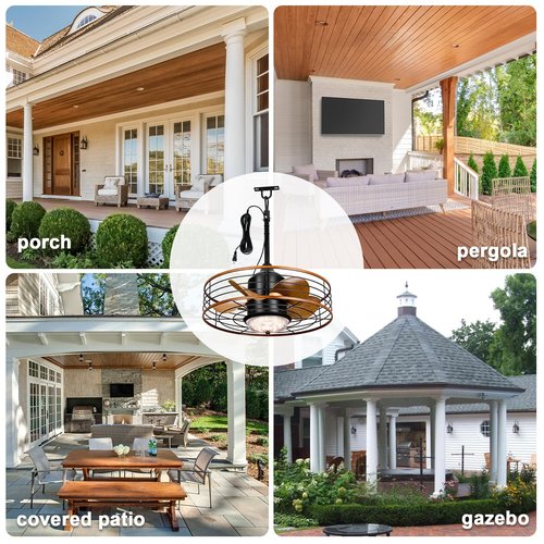 20" Outdoor Ceiling Fan with Light for Patios Waterproof Caged Gazebo Fans Outdoor Hanging Lighting with Plug-in Cord, Dimmable LED, Remote APP Control, 6 Speeds for Pergola Porch Gazebo (Brown)