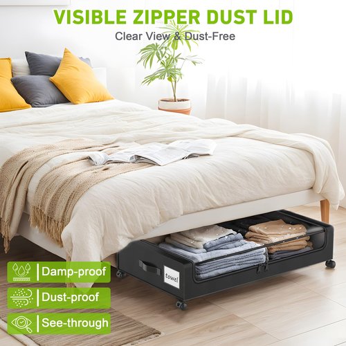 YAASHEEN Under Bed Storage with Wheels, 2-Pack Under the Bed Storage Containers with Clear Lids & Label, Underbed Storage Bins, XXL 60L Rolling Metal Drawer for Clothes, Shoes, Toys, Books - Black