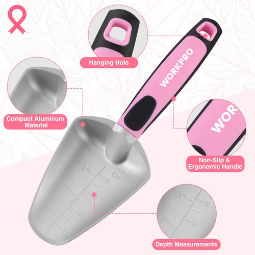 WORKPRO 5PCS Garden Tool Set, Powder Coating Compact Aluminum Gardening Tool Set with Repotting Mat, Outdoor Garden Hand Tools, Ideal Gardening Gift, Pink