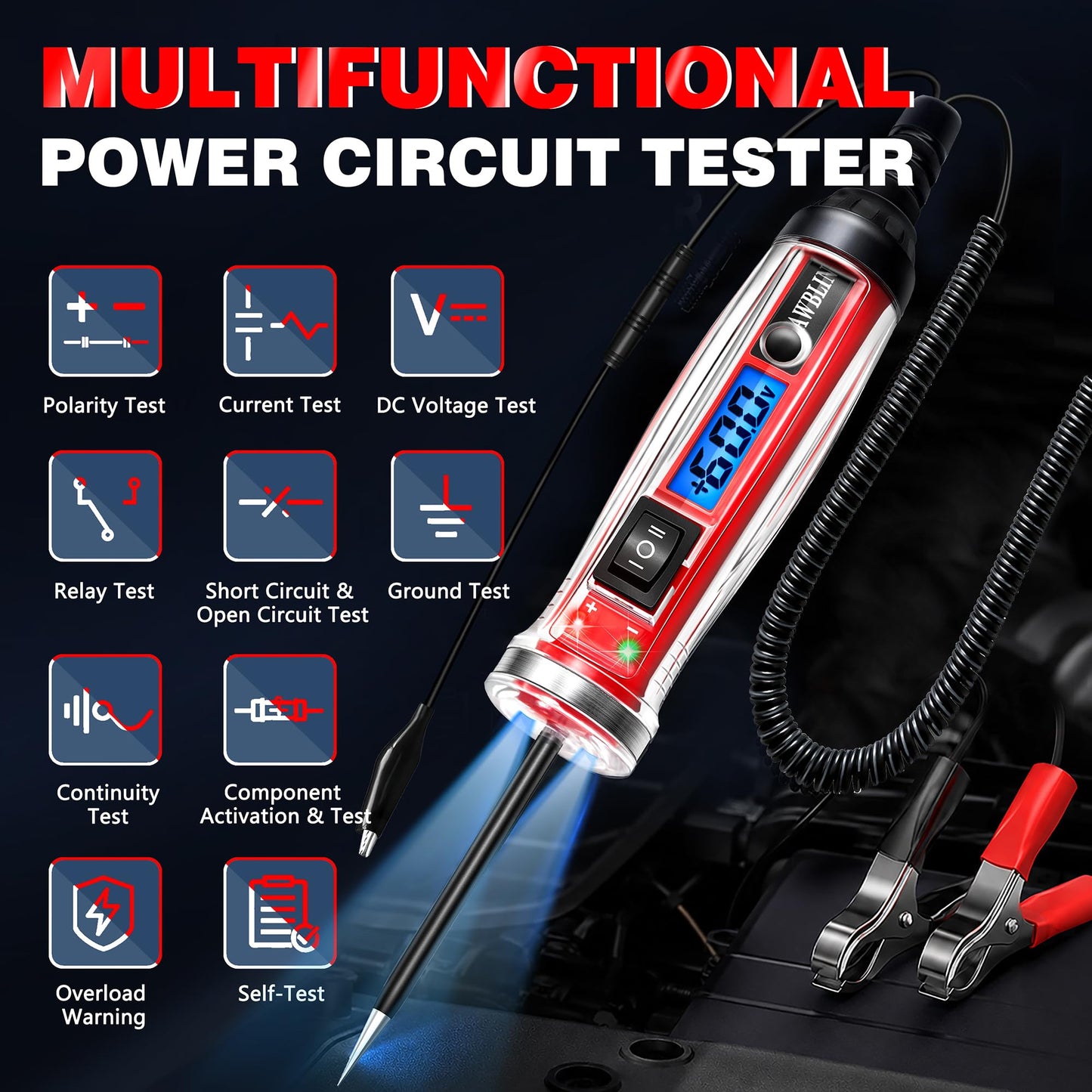 AWBLIN Power Circuit Probe Tester, LCD Digital Automotive Test Light with Voltage Display&Illumination, DC Voltage Tester, Electrical System Tool, Relay Fuse Continuity Current Test.