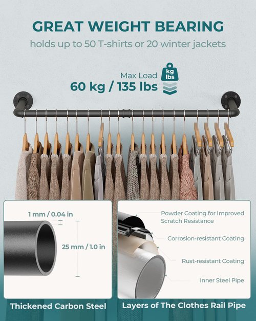 OROPY Industrial Pipe Clothes Rack Wall Mounted Set of 2, 38.4 inches Heavy Duty Iron Pipe Clothing Garment Rail, Multi-Purpose Clothing Hanging Rod for Laundry Room and Closet Storage