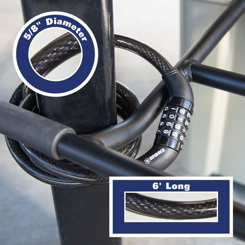 BRINKS 6 ft Outdoor Bike Lock Cable, Thick, Anti Theft Self-Coiling Design, Resettable 4-Dial Combination, Heavy-Duty Steel, 5/16" Weather-Resistant Vinyl Coating for Bikes (5/8" Heavy Duty 1PK, 6FT)