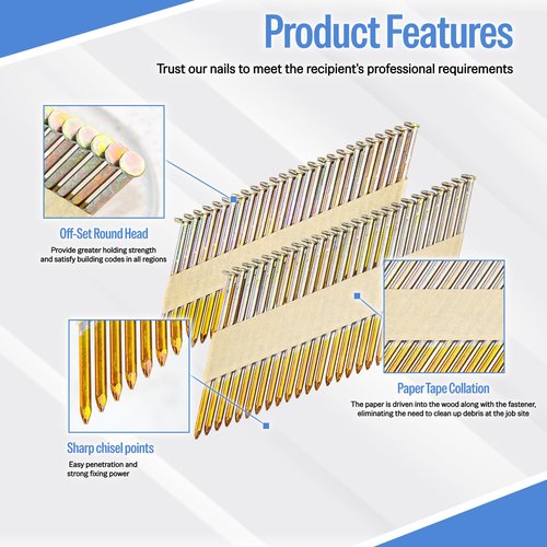meite 30 Degree Framing Nails 2-3/8 Inch x .113 Inch, Galvanized Coated, Paper Tape Collated, Offset Round Head, Smooth Shank Framing Nails for 30-34 Degree Framing Nailers (2,000 Counts)