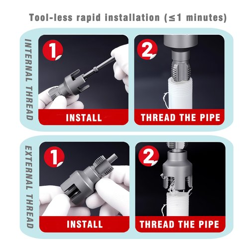 Integrated Internal & External Pipe Threading Tool with Sealant Tape Dual-Function PVC Pipe Threader Kit, 1/2" 3/4" 1" Dies, Electric Drill Compatible for Plumbing, DIY, HVAC (1/2"+3/4")