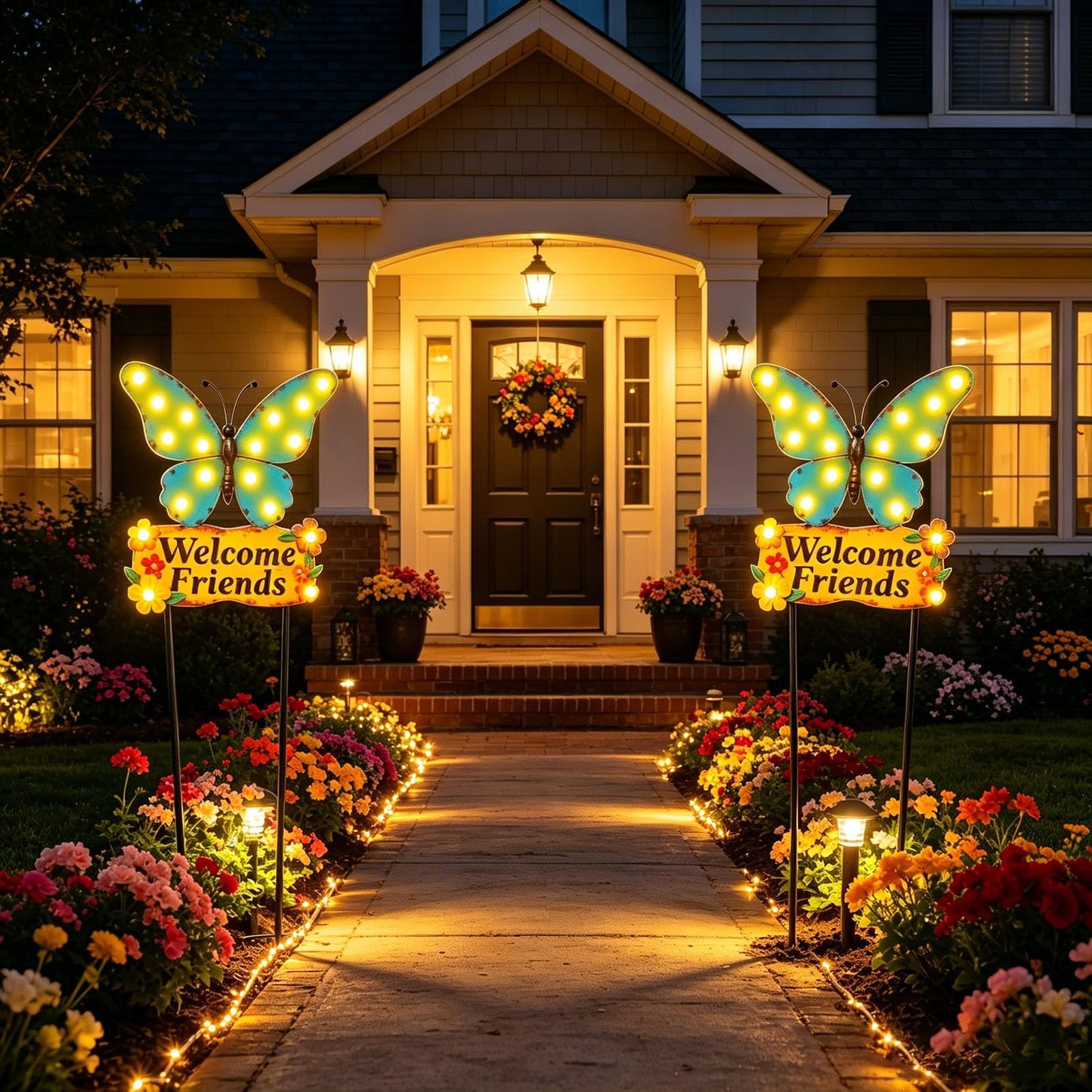 Decorative Garden Stakes Large 45" with 18 Bulbs Solar String Lights Outdoor Waterproof, Butterfly Solar Lights for Outside with Welcome Friends Garden Sign for Yard, Patio, Pathway