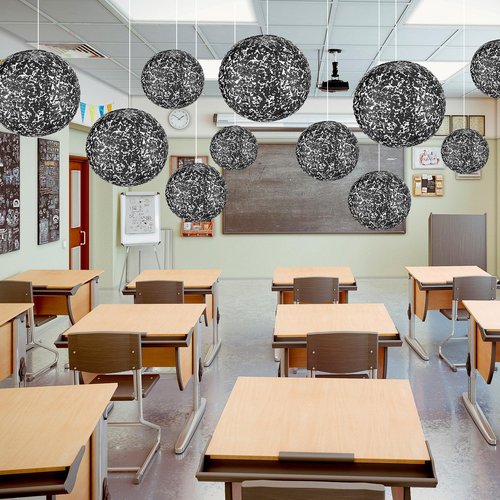 Glooglitter 12 Pcs Large 10in Composition Hanging Paper Lanterns Composition Notebook Classroom Decor Black and White Round Decorative Lanterns for Classroom Office School Graduation End of Year