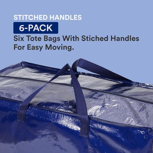 BOX USA 6 Pack Extra Large Blue Moving Bags with Handles & Zippers | Heavy Duty Storage Totes, Packing, Dorm Room Essentials & College Space Saving