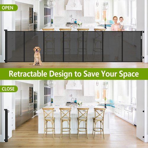 Reinforced 42" Tall Retractable Dog Gate, 155" Extra Long Retractable Baby Gate with Support Rods - Prevent Crawling Under, Indoor/Outdoor Retractable Gate Extra Tall Baby Gate Retractable Fence/Black