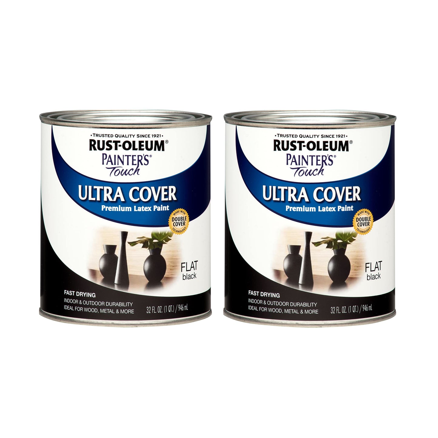 Rust-Oleum 1976502-2PK Painter's Touch Latex Paint, Quart, Flat Black,32 Fl Oz, (Pack of 2)