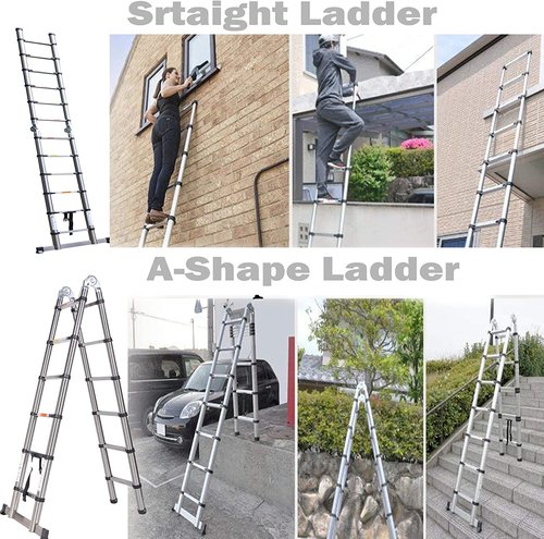 Telescopic Ladder A Frame Aluminum 12.5ft, Telescoping Ladder for Home, Portable Folding Ladder Lightweight 330lb Load Capacity with Stabilizer Bar Anti-Slip