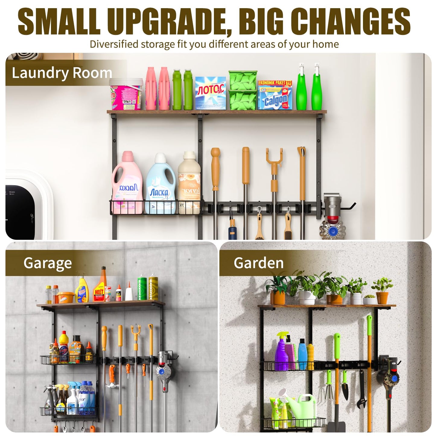 LYYKCCXYY Broom Holder Wall Mount，Mop Rack With Storage Basket,Diversity Laundry Room Cleaning Tool Storage container，Suitable Family Garage Kitchen Organization Wall-Mounted Rack (Black, Medium)