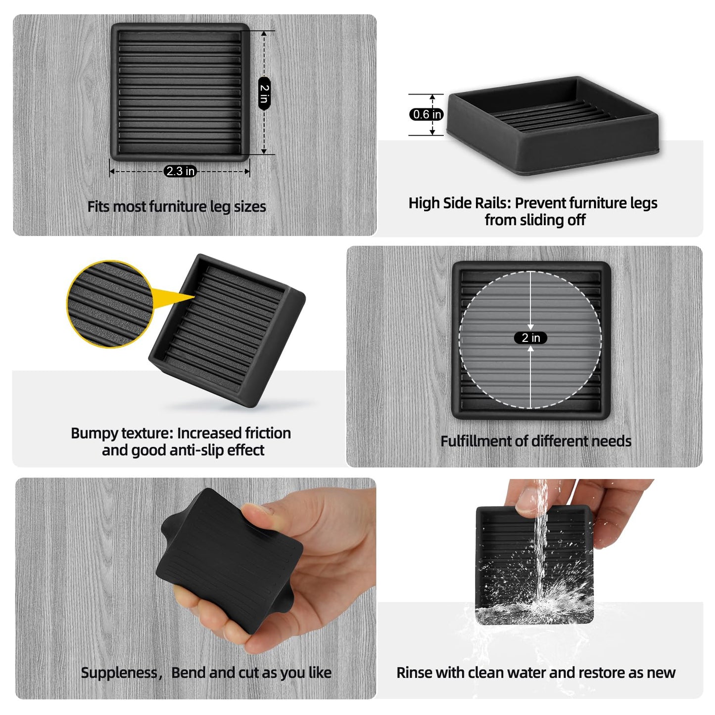 xxxHOLIC Non Slip Furniture Pads for Hardwood Floors, 2 * 2 Inch Black, Set of 4, Rubber Bed Stoppers to Prevent Sliding, Furniture Coasters for Protecting Floors from Scratches and Reduce Noise