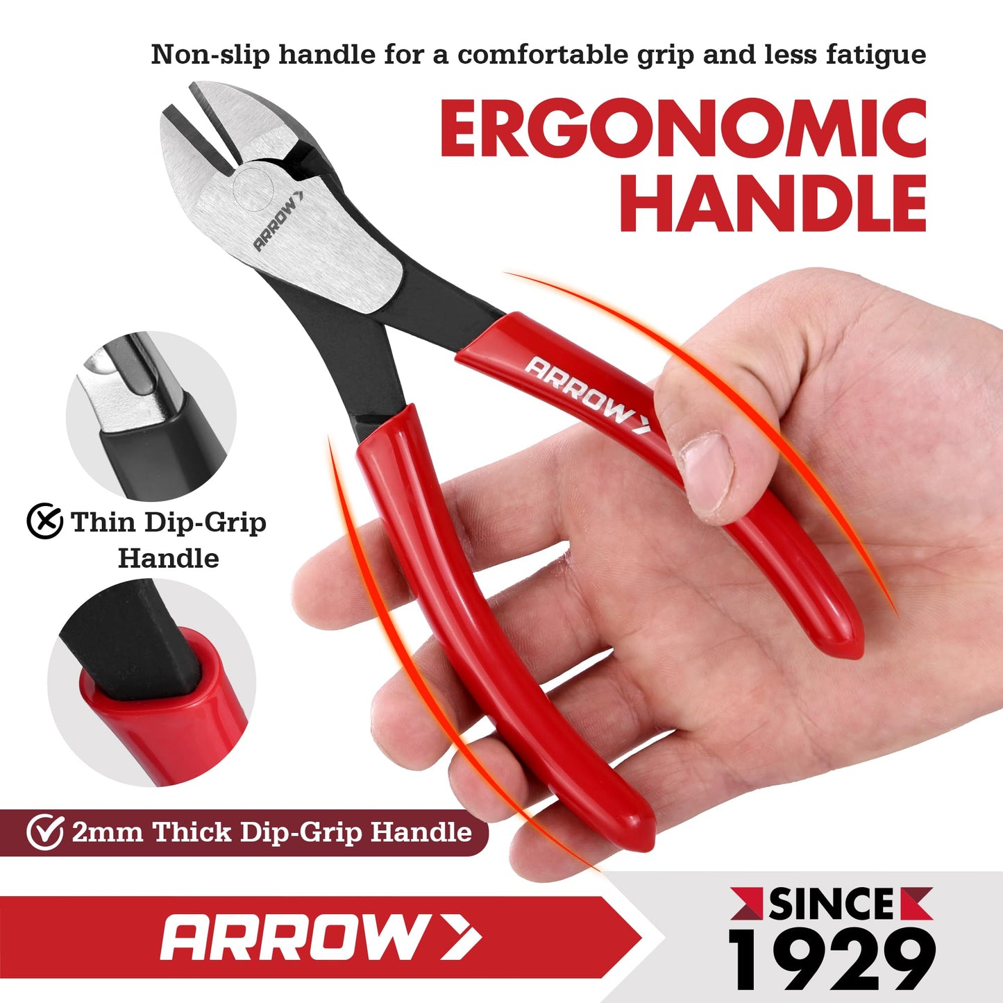ARROW 7" High Leverage Diagonal Cutting Pliers, Heavy Duty Wire Cutters with Comfortable Grip, Side Cutters for Cutting Wires