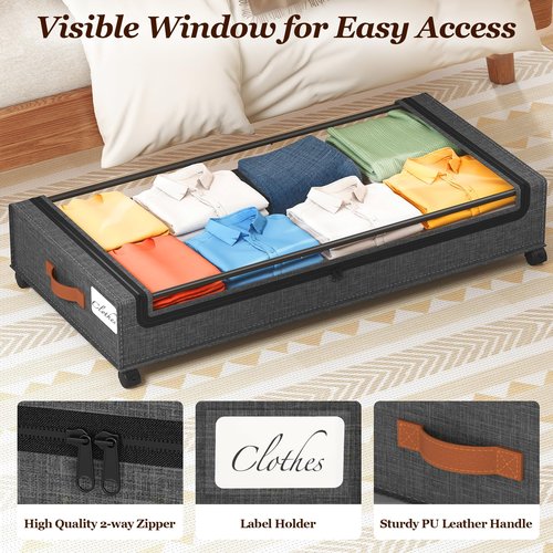 Yecaye Under Bed Storage with Wheels 2 Pack, 65L Large Capacity Under Bed Storage Containers with Metal Frame & Clear Lid, Rolling Underbed Organizer Bins Drawers for Clothes, Shoes, Blankets, Grey
