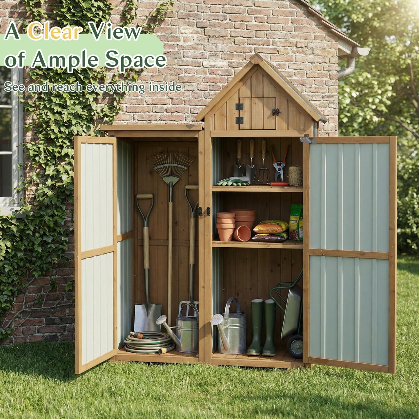 Outdoor Storage Cabinet Weatherproof with 3 Adjustable Shelves, 66'' H Wood & Metal Storage Shed with Lockable Doors & Waterproof Roof, Outside Garden Tool Sheds, Brown