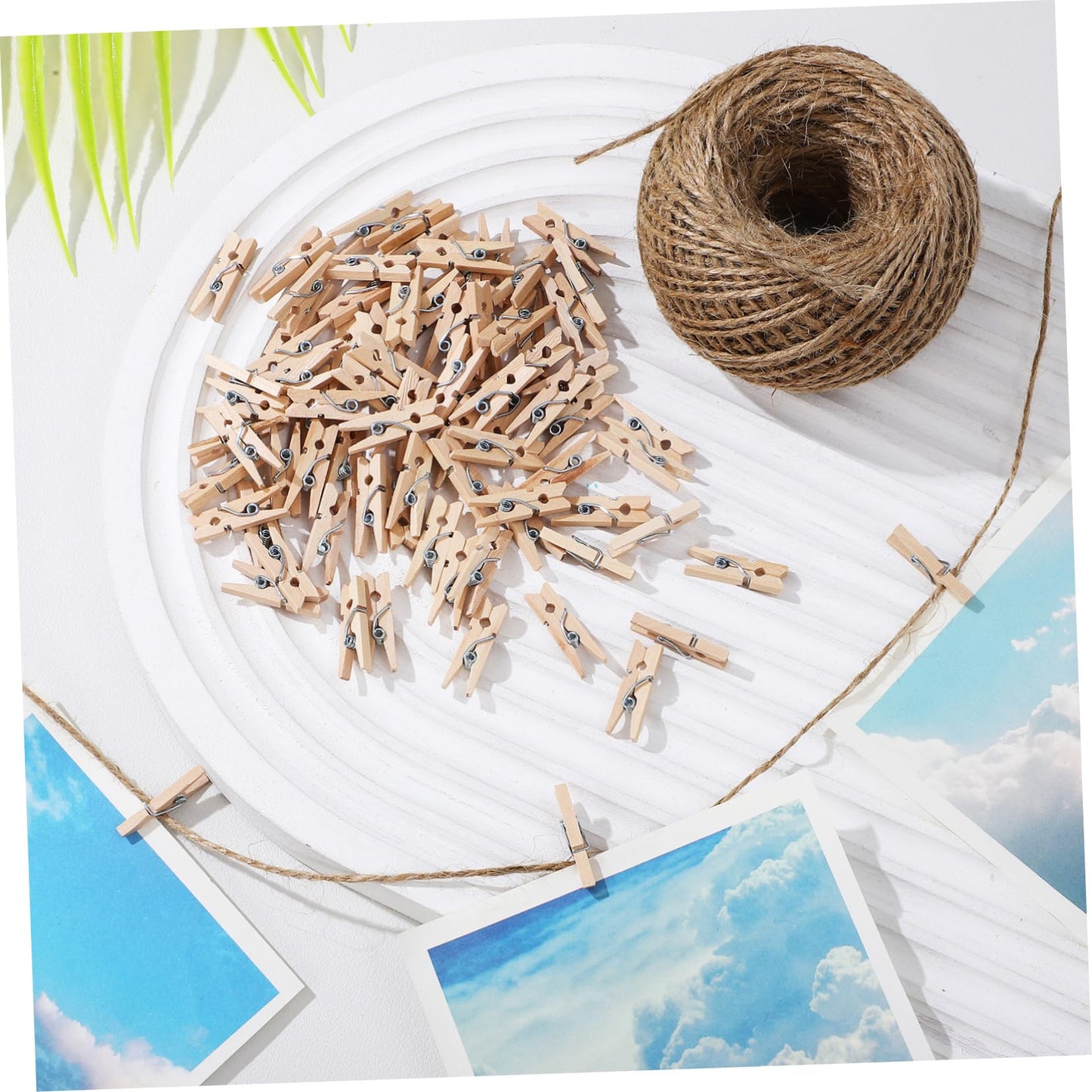 Garneck 1Roll Natural Jute Rope with Wooden Clips Hemp Twine for DIY Crafts Wrapping and Garden Decorations