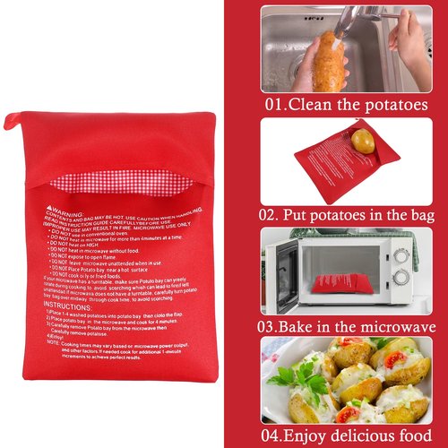 4 Pcs Baked Potato Microwave Bag Reusable Microwave Cooker Pouch Potato Bag Quick-Cook Easy Kitchen Gadget Cooker for Fluffy Sweet Potatoes Red Baked Pouch