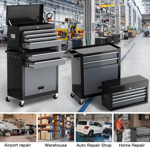 Tool Chest 8-Drawer | 42'' Large Rolling Tool Chest with Wheels | Detachable Top Metal Tool Box | Garage Storage Cabinet for Repair Room,Warehouse | Rolling Tool Box with Hooks,Liners,Tray Divider