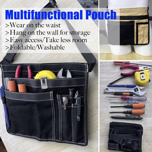 5-Pocket Utility Tool Belt Pouch for Men and Women, Adjustable Canvas Waist Belt Bag for Electrician Maintenance Gardening Carpentry, Durable Multi Work Apron for Tools & Accessories (Gray+Yellow)