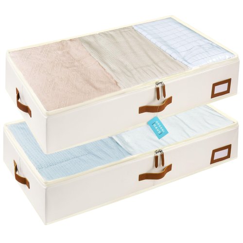 OrganiHaus Under Bed Storage Containers, Bedroom Storage and Organization Bins, Clothes Organizer for Closet with Clear Cover and Reinforced Handles - Set of 2 33x17x6 inches Off-White