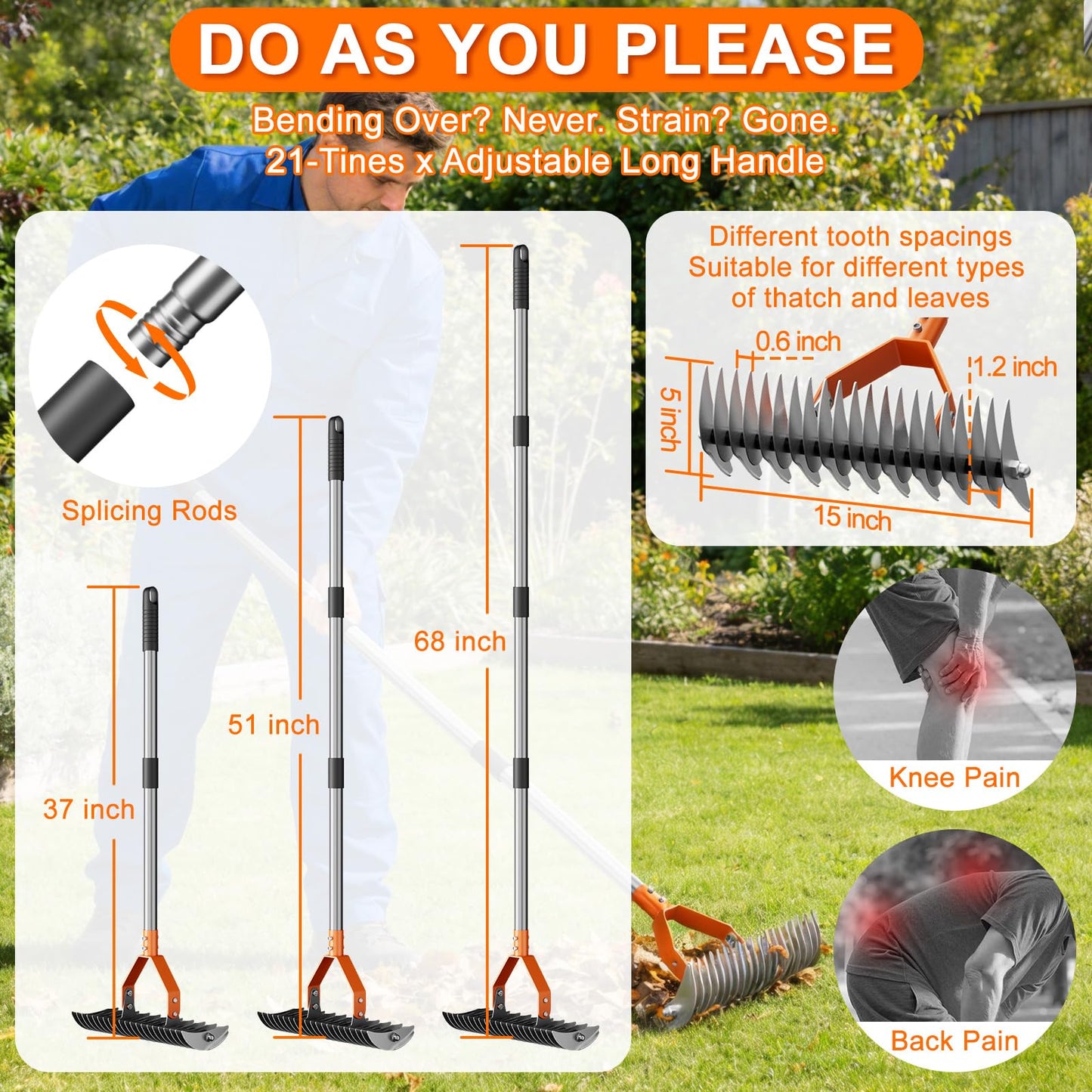 Thatch Rake for Lawn with 68" Adjustable Handle, 15" Heavy Duty Dethatcher Rake for Lawn, Thatching Rake with Dual-Action Tines, Dethatching Rake for Efficiently Removes Dead Grass, Loosens Soil