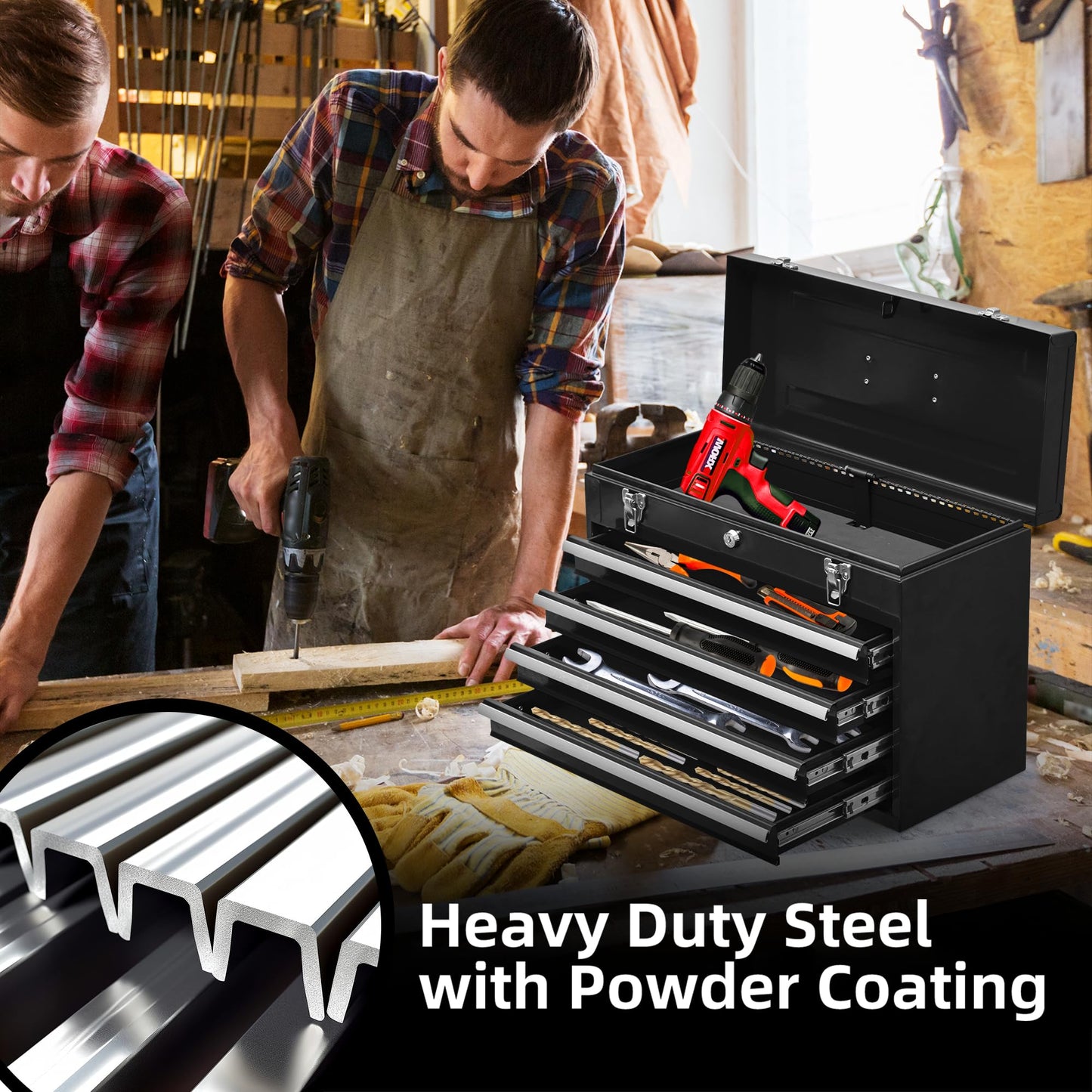 lunhung 4 Drawers Metal Tool Box Portable Steel Tool Chest with Metal Latch Closure & Key Lock, 20" Portable Drawer Toolbox Storage Tray Toolbox with Handle (4 Drawers - Black)