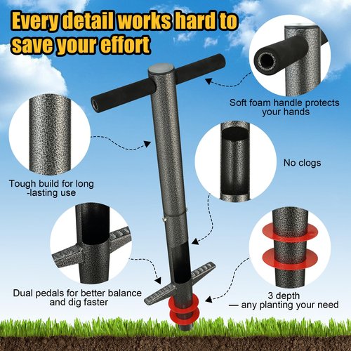 Bulb Planter Tool - 34" Long Handle Sod Plugger Lawn Plug Digger,Auto Plug Eject,Heavy Duty Garden Plant Hole Cutter for Grass,Tulip,Soil Transplant Plugging,Turf Repair Remover for Yard - Gray