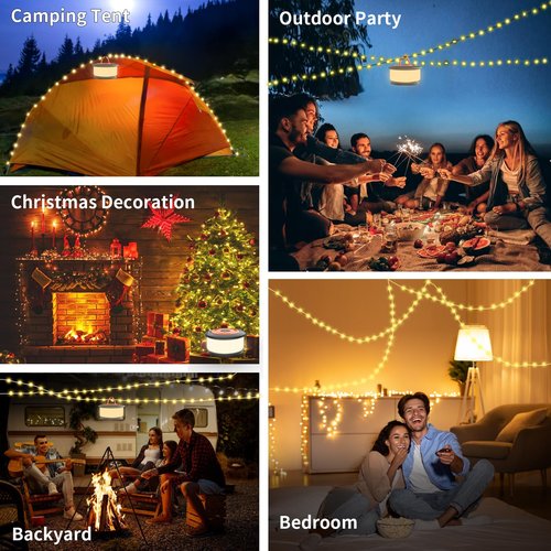 Phylosal Camping String Lights, 3 in 1 Outdoor Camping Light with 6 Lighting Modes, Quick Storage 32.8FT Rechargeable Tent Lantern, Portable LED Hanging Light for Outdoor Patio Awning Garden Party