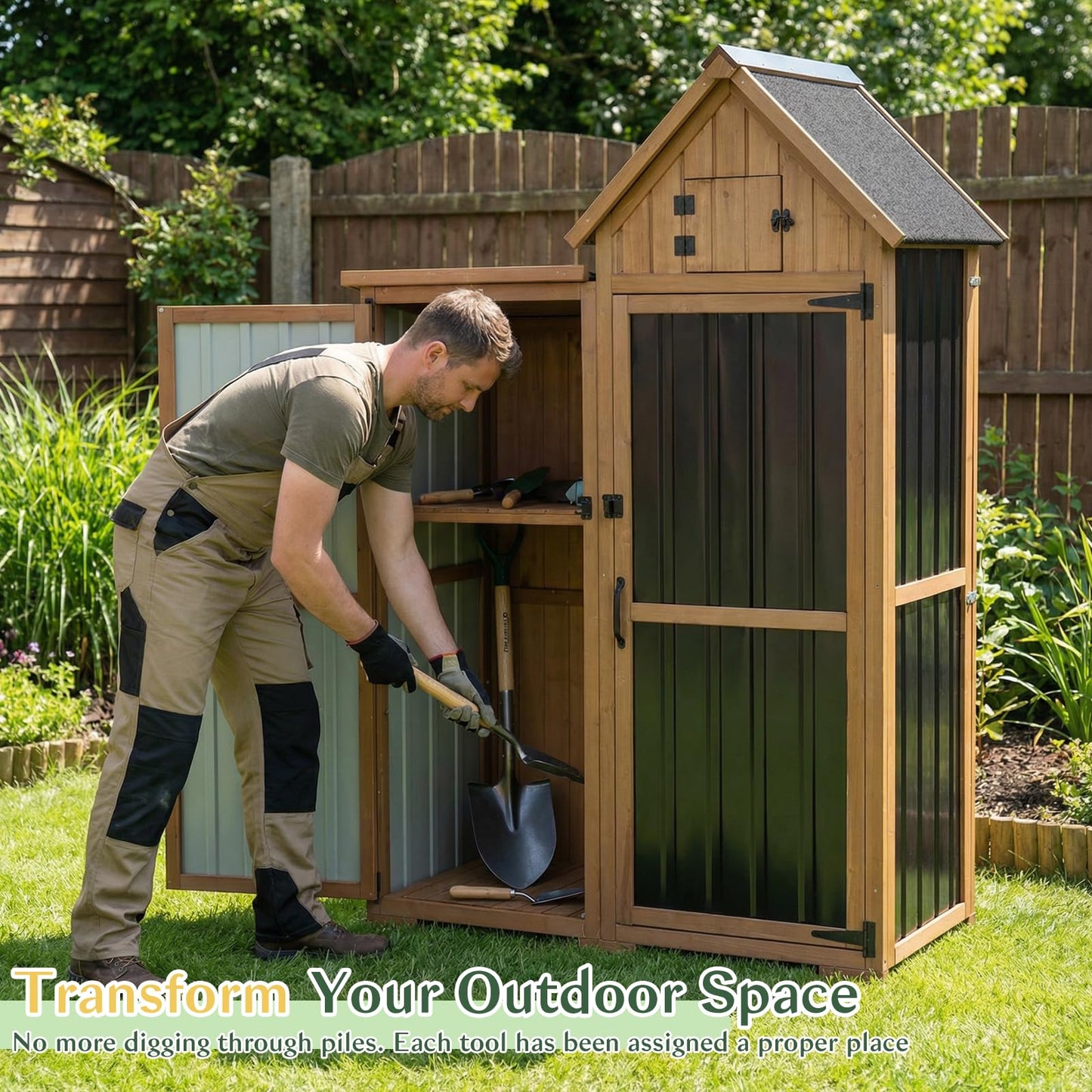 Outdoor Storage Cabinet Weatherproof with 3 Adjustable Shelves, 66'' H Wood & Metal Storage Shed with Lockable Doors & Waterproof Roof, Outside Garden Tool Sheds, Brown