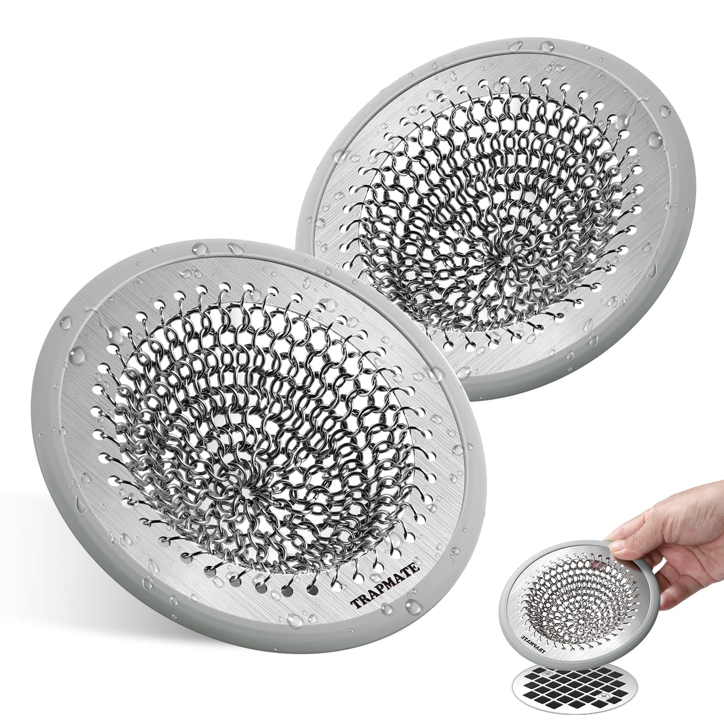 TRAPMATE Shower Drain Cover, 2PCS Prevent Clogging Shower Drain Hair Catcher, Non-Slip Stainless Steel Drain Protector, Patented Bathroom Accessory for US Standard Flat Drains of Bathroom