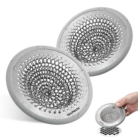 TRAPMATE Shower Drain Cover, 2PCS Prevent Clogging Shower Drain Hair Catcher, Non-Slip Stainless Steel Drain Protector, Patented Bathroom Accessory for US Standard Flat Drains of Bathroom