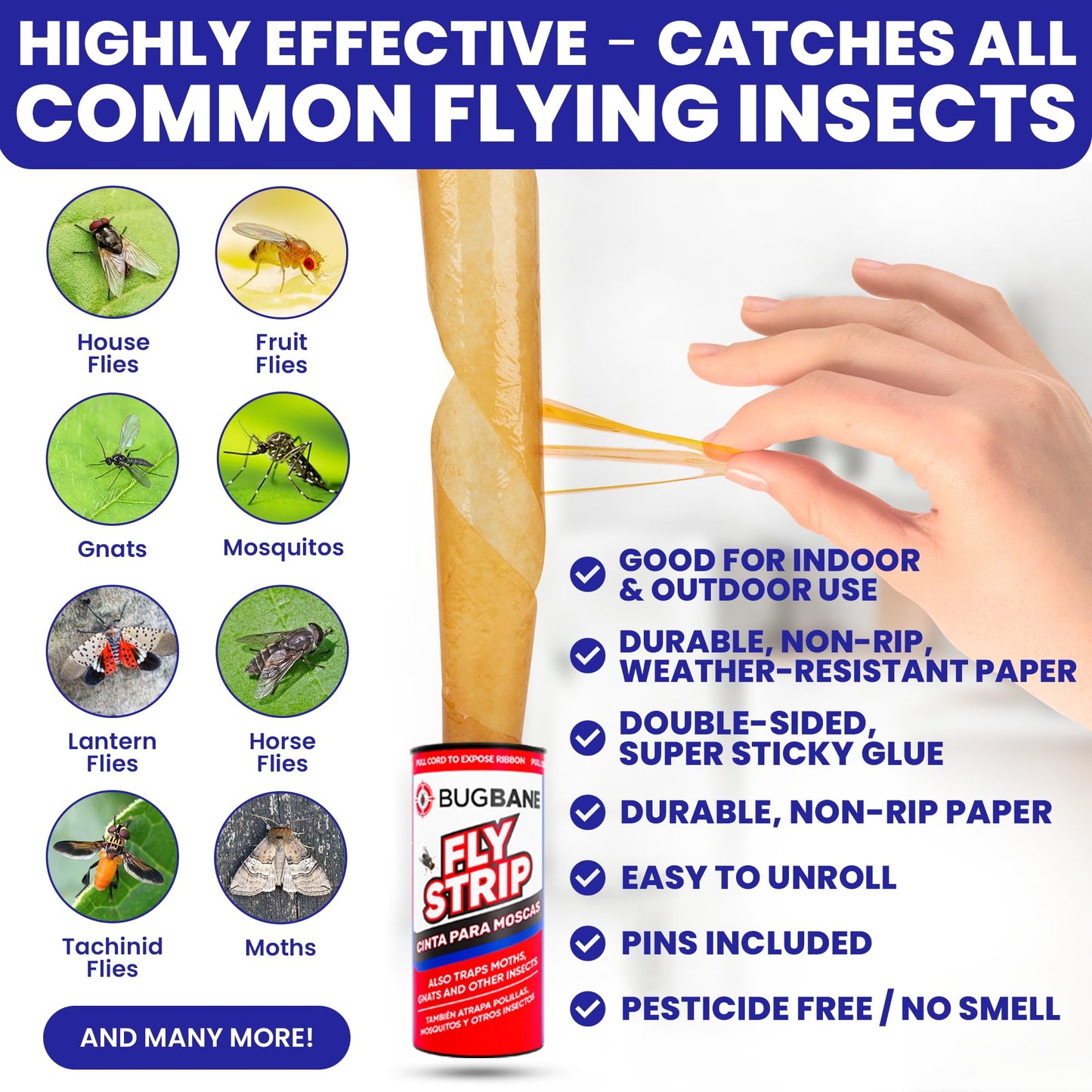 Fly Strips Indoor Sticky Hanging 24pk with Pins. Non Toxic Outdoor Fly Trap Indoor for Home. Flies Tape Paper Trap Ribbon Roll for House Gnat Fruit and Housefly. Bug Catchers for Inside Home Flypaper.