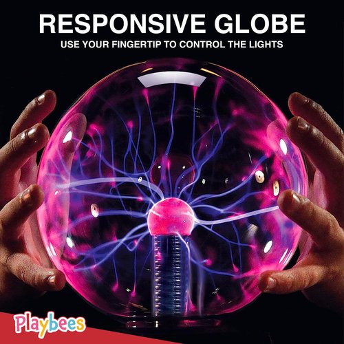 Red Plasma Ball - 7 Inch - Tesla Coil Bulb Static Electricity in a Vacuum Pressurized Glass Globe, Nebula Thunder Lightning, Plug-in - for Parties, Decorations, Prop, STEM