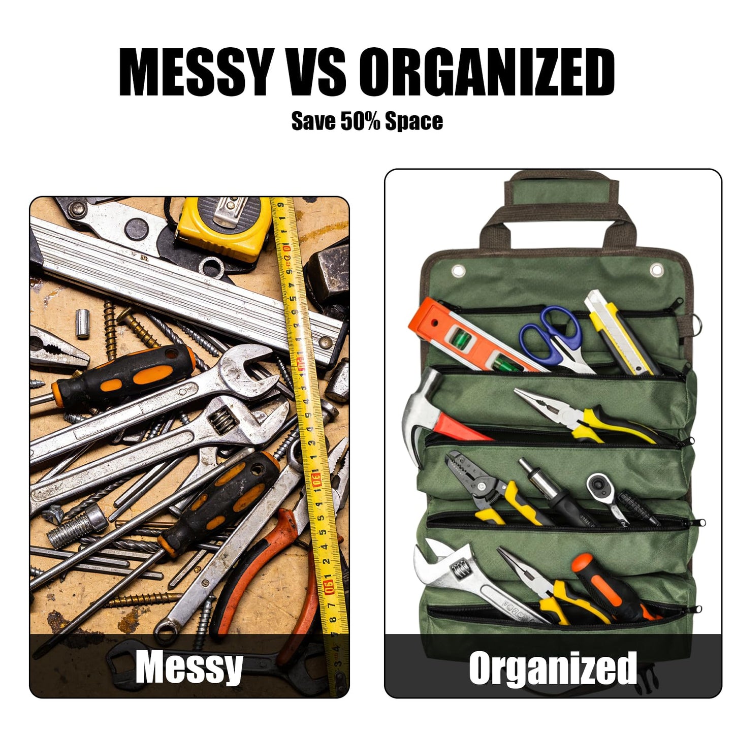 Portable Roll up Tool Bag, Heavy Duty Tool Organizer Bag with 5 Compartments & 2 Detachable Pouches for Tool Storage, Water Resistant Foldable Tool Roll Bag for Dad Men Electrician Mechanic Gift