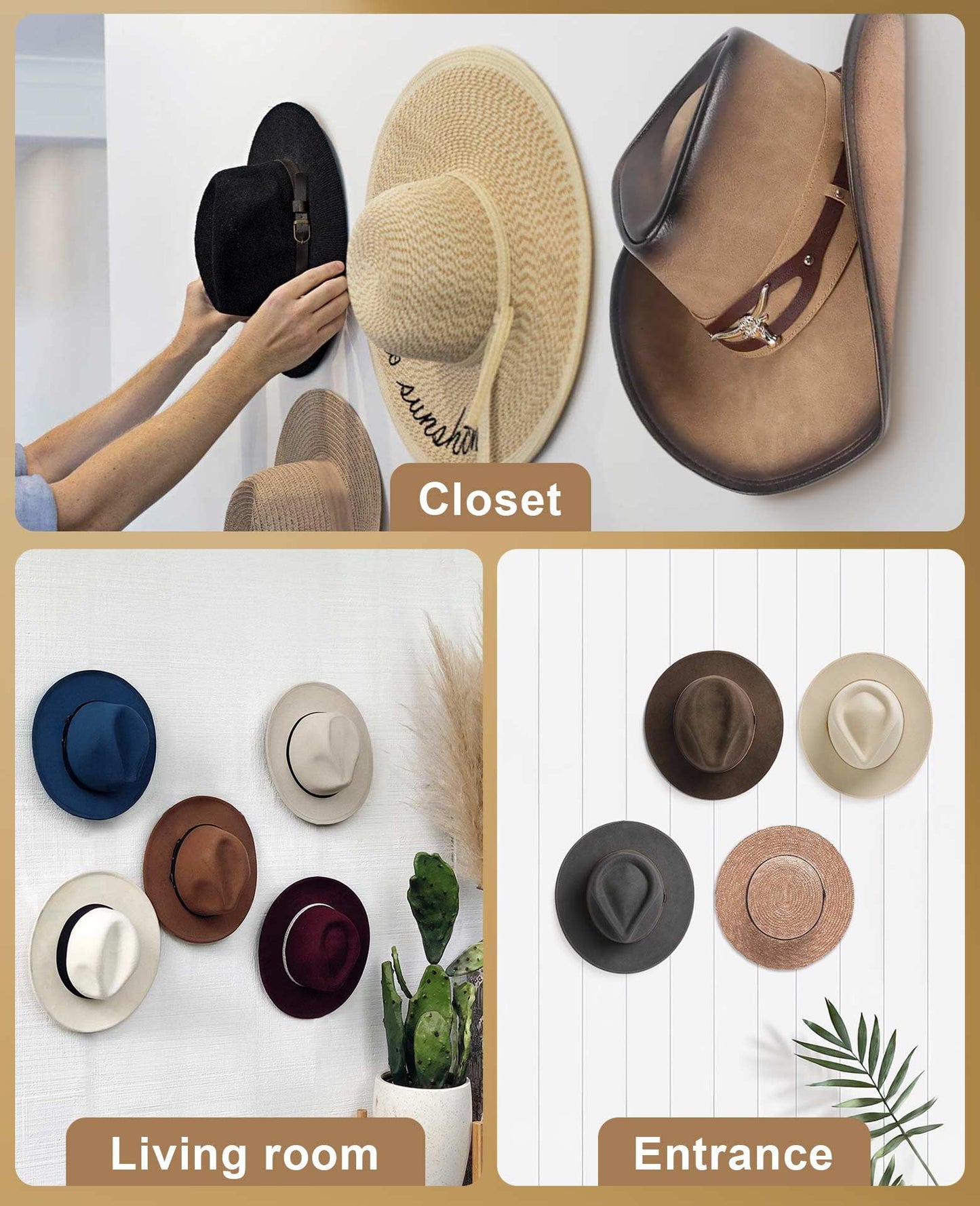 Livelab Cowboy Hat Holder, (4 Pack) Cowboy Hat Rack for Wall Mount, Metal Hat Organizer Storage Cowboy Hats Hanger Hooks for Fedora, Sun Hats, Wide Brim
