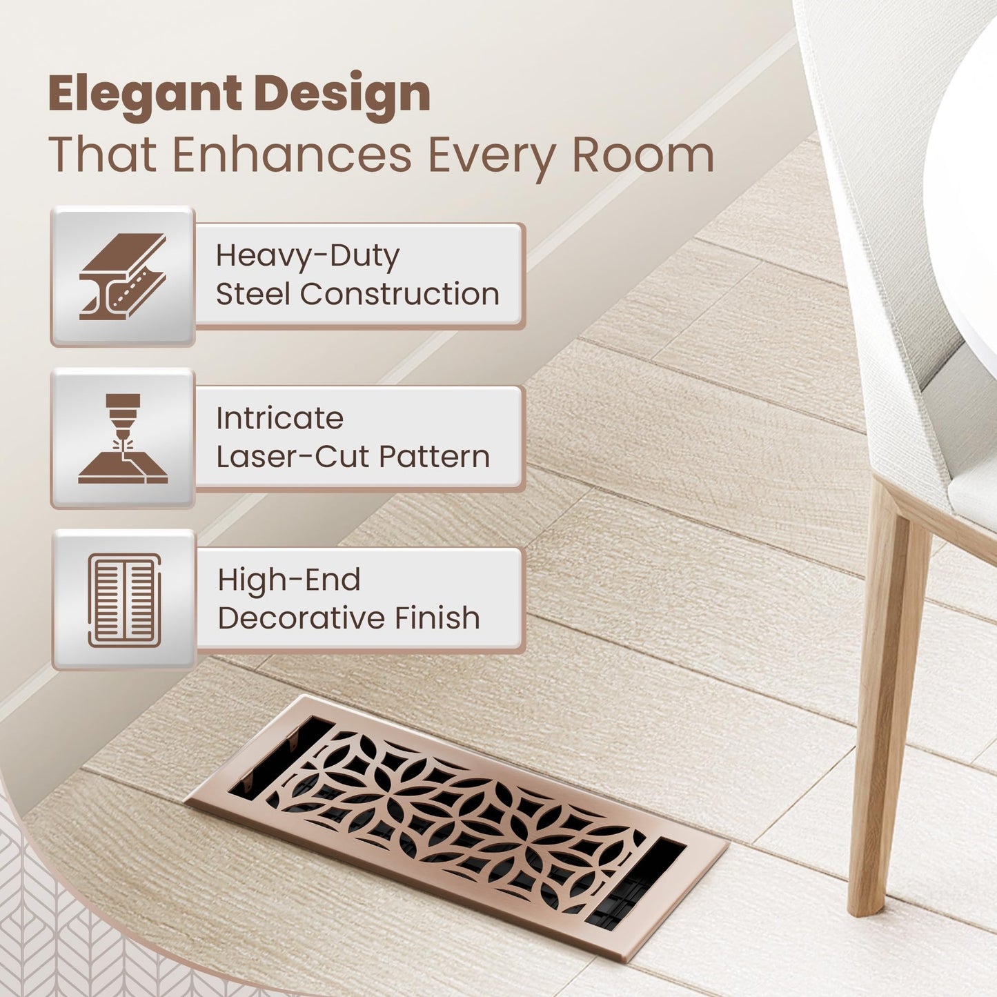 Floor Vent Covers – 4x10 Floor Register – Heavy-Duty Steel, Rustproof & Walkable Grates, Drop-in Install, Adjustable Airflow – Decorative (Floral Satin Rose Bronze, 8 Pack)