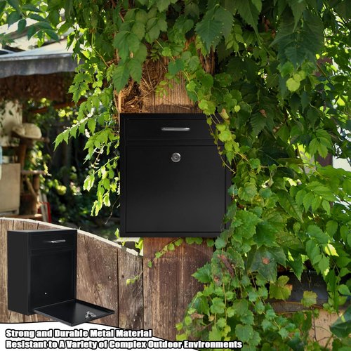 Wall Mount Locking Mailboxes for Outside Large Locking Security Mail Drop Box with Key Lock Black Metal Hanging Secure Postbox for Outdoor, House and Apartment (12 X 10.5 X 4.72 Inches)
