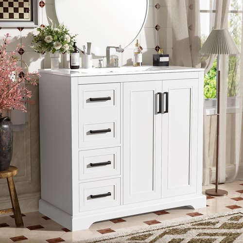 LUMISOL 36" Bathroom Vanity with Sink, Modern White Bathroom Vanity with Left Side 3 Drawers, Soft-Close Doors & Adjustable Shelf, Solid Wood Bathroom Cabinet with Ceramic Sink and Top, White