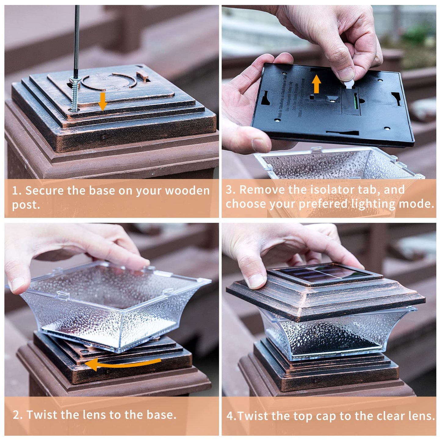 HUYIENO Solar Post Cap Lights Outdoor LED Lighting Deck Fence Light Two Modes Warm White/7 RGB Color Changing Suitable for 4x4 5x5 Wooden Posts (Brushed Copper, 8pk), HY1238